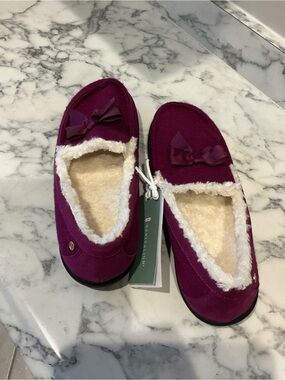 REVITALIGN Women's Plush Moccasin Slippers in Berry